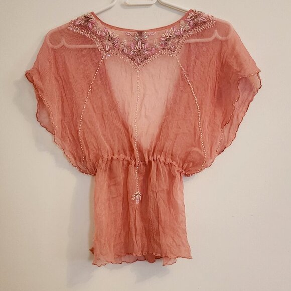Vintage Lotta Stensson Silk Kimono Kaftan Embroidered Beaded V Neck Top One Size - Picture 3 of 6